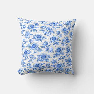 Elegante Toile du Jouy Sonnenblumen – Blaue Botani Kissen