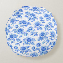 Elegante Toile du Jouy Sonnenblumen – Blaue Botani Rundes Kissen