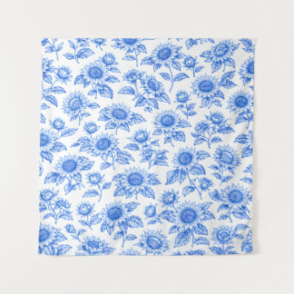 Elegante Toile du Jouy Sonnenblumen – Blaue Botani Wandteppich