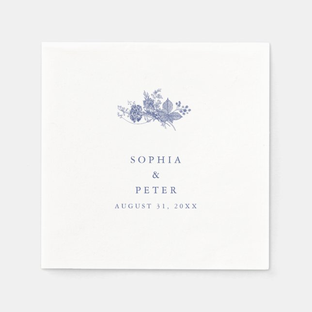 Elegante Toile French Blue Floral Wedding Serviette (Vorderseite)