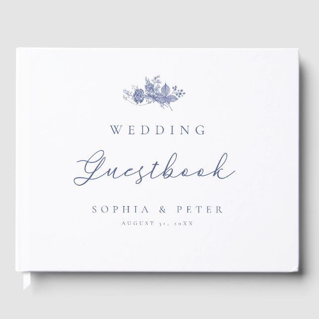 Elegante Toile French Blue Wedding Guest Book Gästebuch (Vorderseite)