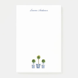 Elegante Topiaries in blau-weißen Töpfen Post-it Klebezettel