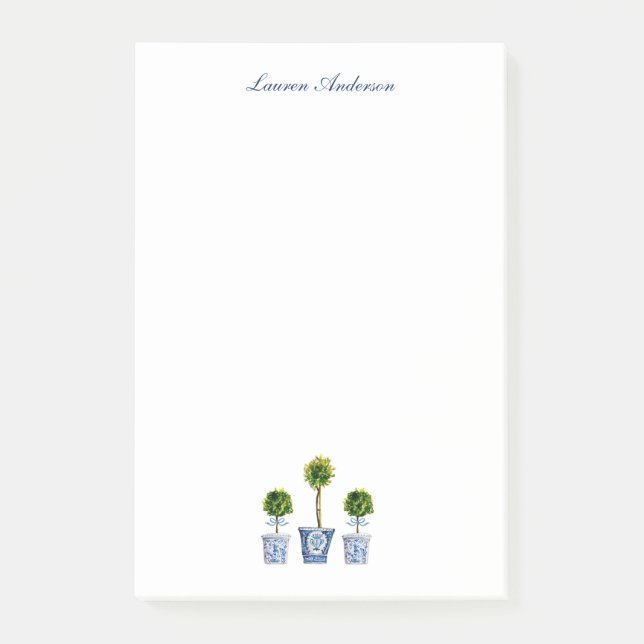 Elegante Topiaries in blau-weißen Töpfen Post-it Klebezettel (Vorderseite)