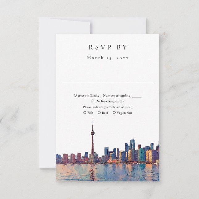 Elegante Toronto-Skyline-Aquarell-Hochzeit RSVP Karte (Vorderseite)