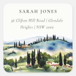 Elegante Toskana Italien Wasserfarben Landschaft A Quadratischer Aufkleber