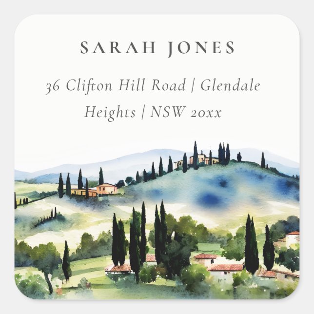 Elegante Toskana Italien Wasserfarben Landschaft A Quadratischer Aufkleber (Vorderseite)