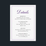 Elegante Traditionelle klassische Lila Hochzeit Begleitkarte<br><div class="desc">Traditionelle und klassische Hochzeitszimmerkarte mit einem einfachen Design mit "Details" in einer eleganten königlichen lila Kalligraphie innerhalb eines dünnen Randes. Die Rückseite ist solide lila. Die Vorlage ermöglicht Ihnen,  wichtige Informationen über Ihren besonderen Tag zu teilen. Dieses klassische Design ist perfekt für eine formelle Hochzeit im Herbst / Herbst.</div>