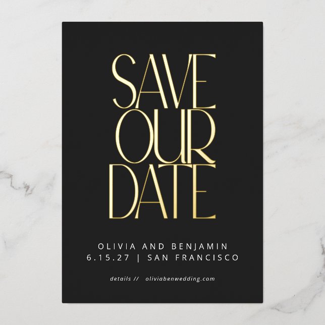Elegante Trendy Black Gold Save the Date Foil Folieneinladung (Vorderseite)