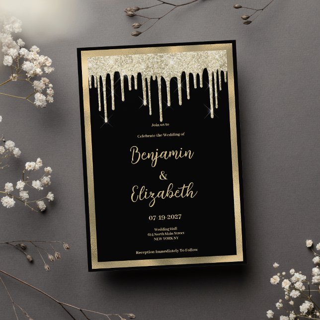 Elegante Tropfen mit schwarzem Glitzer Hochzeit Einladung (Elegant black gold glitter drips Wedding)