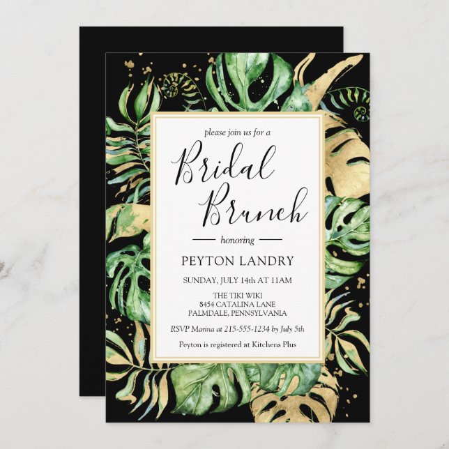 Elegante Tropical Black & Gold Bridal Brunch Dusch Einladung (Vorne/Hinten)