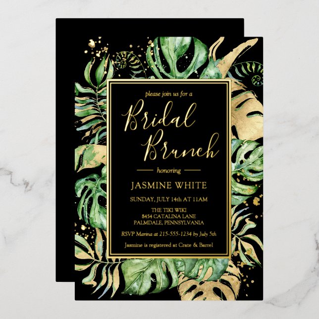 Elegante Tropical Bridal Brunch Dusche Black & Gol Folieneinladung (Vorderseite/Rückseite)
