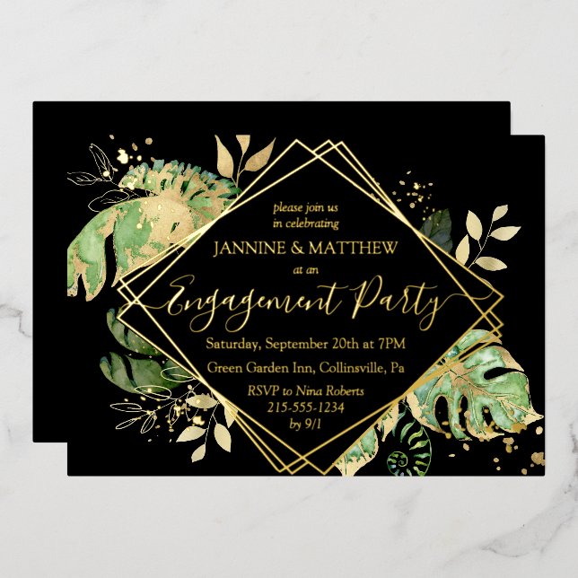 Elegante Tropical Engagement Party Black & Gold Folieneinladung (Vorderseite/Rückseite)