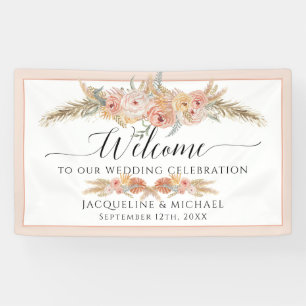 Elegante Tropical Floral Blush Peach Pampas Hochze Banner
