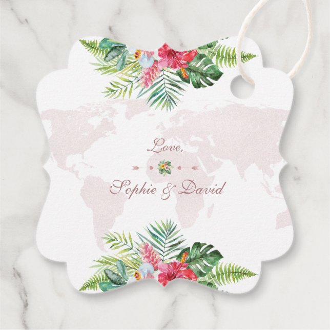 Elegante Tropical Floral Gold Weltkarte Hochzeit Geschenkanhänger (Rückseite)