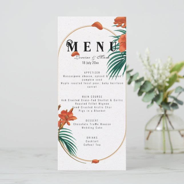 Elegante Tropical Floral Wedding Menükarte (Stehend Vorderseite)