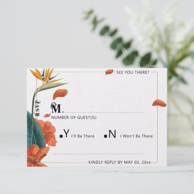 Elegante Tropical Floral Wedding RSVP Karte (Stehend Vorderseite)