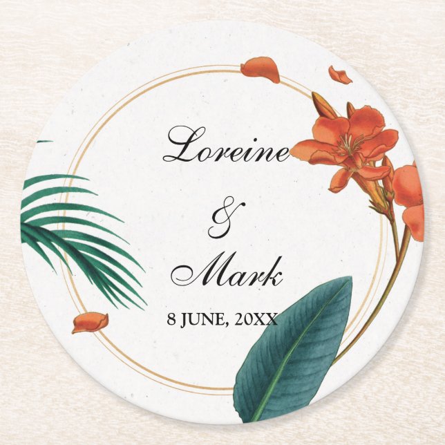 Elegante Tropical Floral Wedding Runder Pappuntersetzer (Vorderseite)