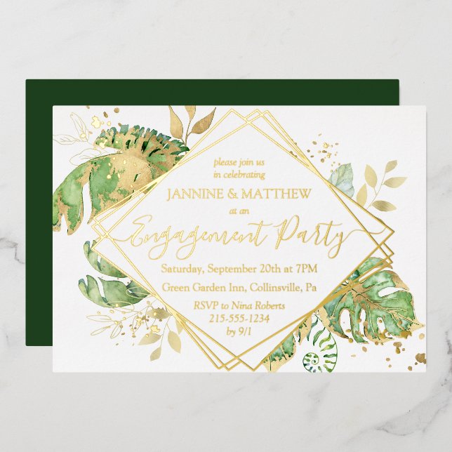 Elegante Tropical Foliage Engagement Party Gold Folieneinladung (Vorderseite/Rückseite)