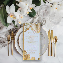 Elegante Tropical Gilded Gold Monstera Hochzeit Menükarte