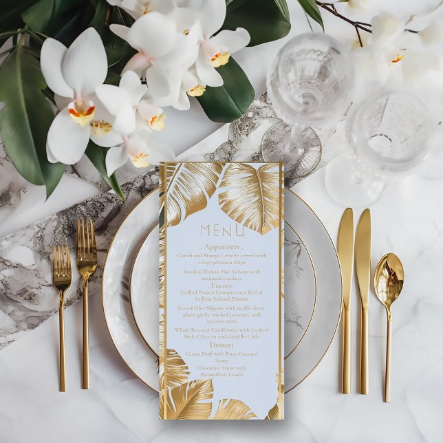 Elegante Tropical Gilded Gold Monstera Hochzeit Menükarte (Stylish Formal Tropical Gilded Gold Monstera Leaf Wedding Menu)