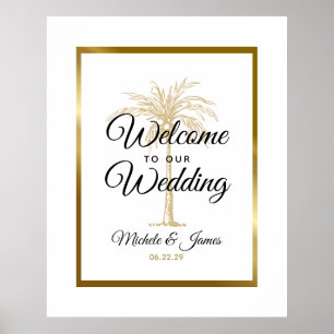 Elegante Tropical Gold Palm Tree Wedding Willkomme Poster