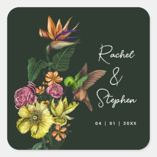 Elegante Tropical Hummingbird Floral Summer Weddin Quadratischer Aufkleber