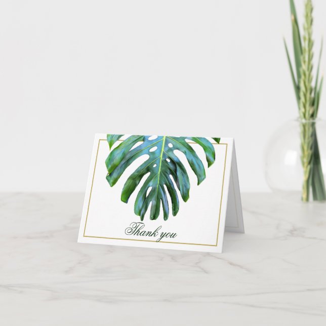 Elegante Tropical Monstera Leaf Gold Beach Hochzei Dankeskarte (Vorderseite)