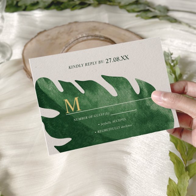 Elegante Tropical Monstera Leaf Wedding RSVP Karte (Von Creator hochgeladen)