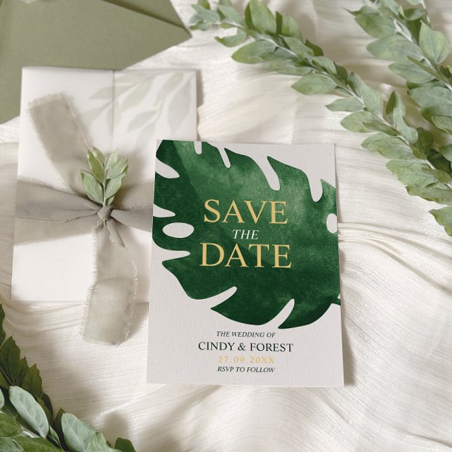 Elegante Tropical Monstera Leaf Wedding Save The Date (Von Creator hochgeladen)