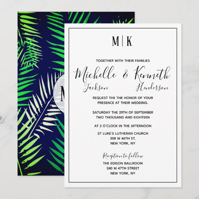 Elegante Tropical Print & Modern Typografy Wedding Einladung (Vorne/Hinten)