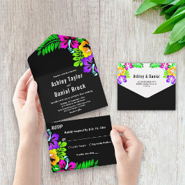 Elegante Tropical Rustic Boho Black Floral Wedding All In One Einladung