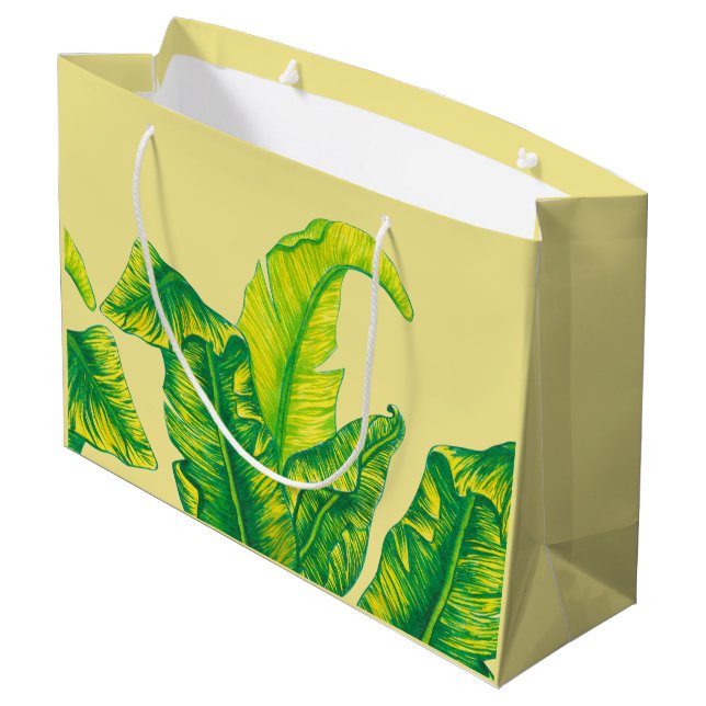 Elegante Tropical Tropicana Gold Blätter & Gelb Große Geschenktüte (Rückseite Schrägansicht)