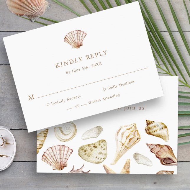 Elegante Tropical Wedding RSVP Karte (Elegant Watercolor Seashell Tropical Beach Wedding RSVP Card by Painted Paperie
)