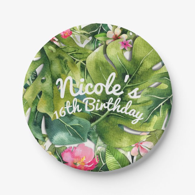 Elegante Tropics Green Blätter Floral Wasserfarbe Pappteller (Vorderseite)