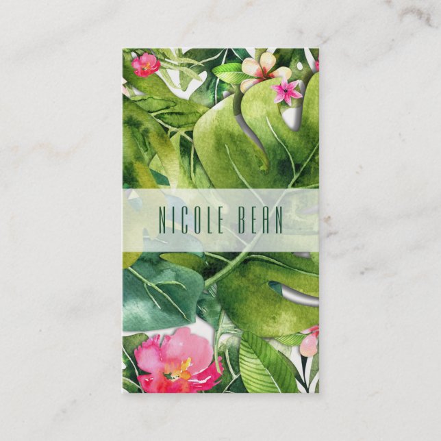Elegante Tropics Green Blätter Floral Wasserfarbe Visitenkarte (Vorderseite)