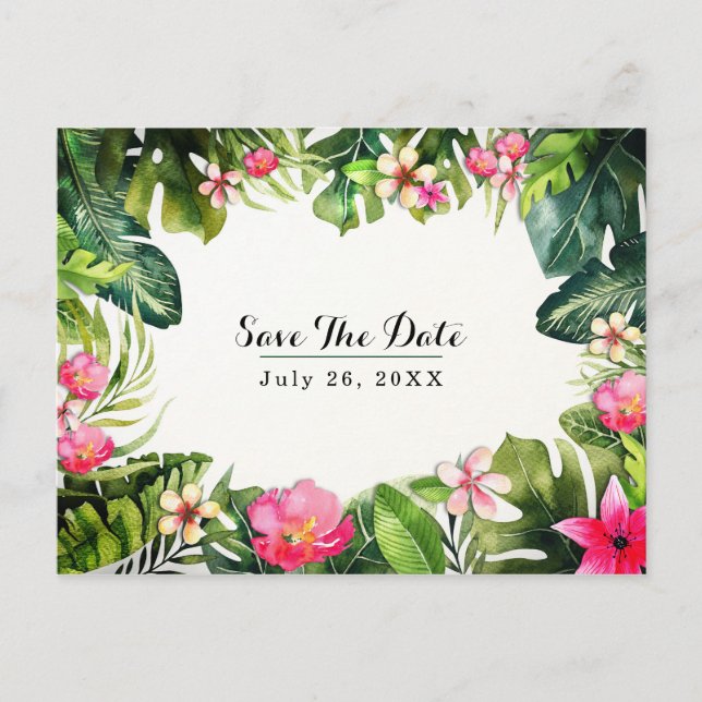 Elegante Tropics Green Blätter Save the Date flora Ankündigungspostkarte (Vorderseite)