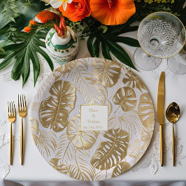Elegante Tropics Monstera Gilded Gold Wedding Pappteller