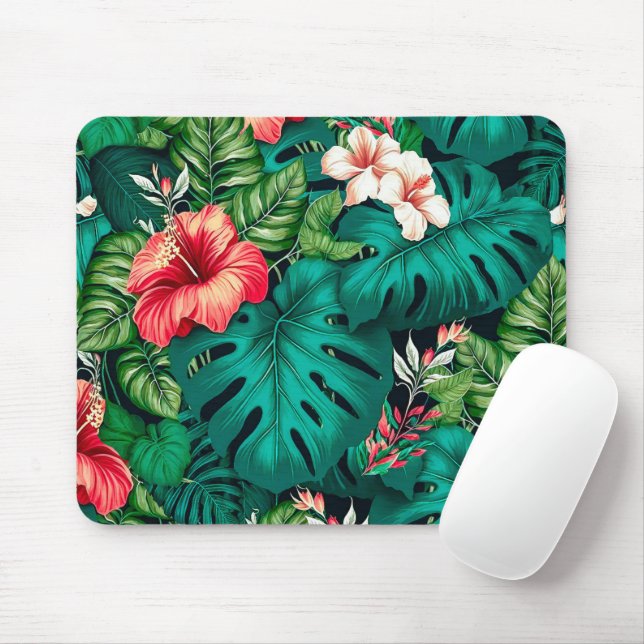 Elegante tropische Blätter und Hibiskus-Blume | Mousepad (Mit Mouse)
