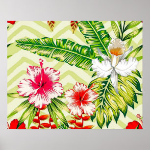 Elegante tropische Blätter und Hibiskus-Blume   Poster