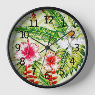 Elegante tropische Blätter und Hibiskus-Blume   Uhr