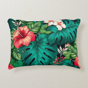 Elegante tropische Blätter und Hibiskusblüten Dekokissen