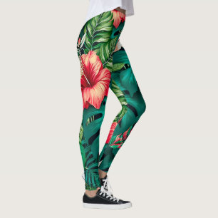 Elegante tropische Blätter und Hibiskusblüten   Leggings