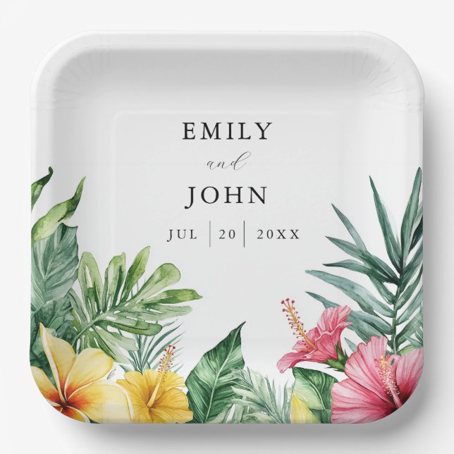 Elegante Tropische Blume Hochzeit Pappteller (Vorderseite)