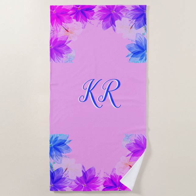Elegante tropische Blume Lila Blue Monogram Strandtuch (Vorderseite)