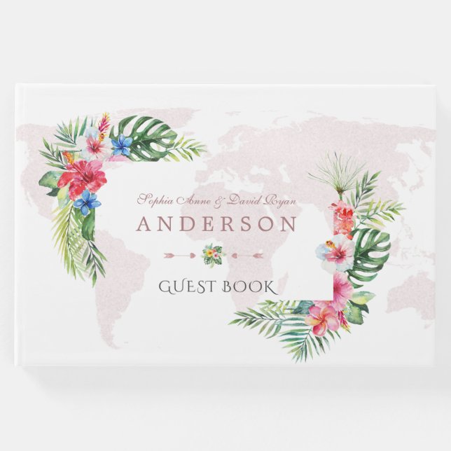 Elegante Tropische Blume Weltkarte Hochzeit Gästebuch (Vorderseite)