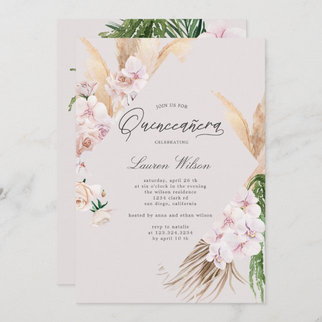 elegante tropische Blumen Quinceanera Einladung (Vorne/Hinten)