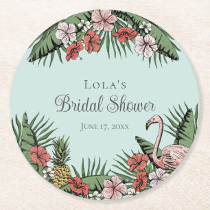Elegante tropische Flamingo- und Hibiskus-Brautpar Runder Pappuntersetzer