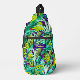 Elegante tropische grüne Blätter, lila bedruckt Crossbody Bag