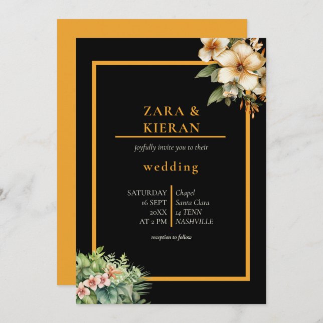 Elegante tropische Hochzeit aus der Flora Einladung (Vorne/Hinten)