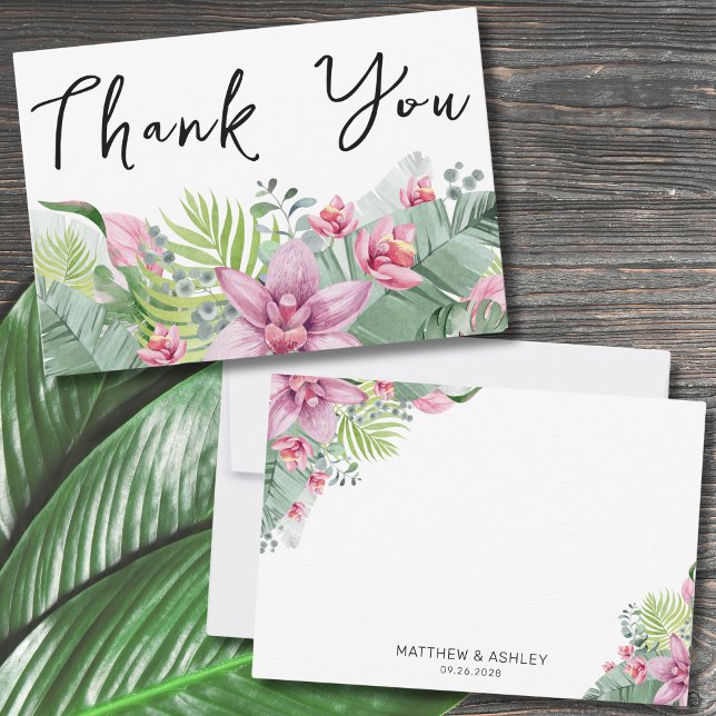 Elegante tropische Hochzeit Dankeskarte (Modern Elegant Palm Floral Beach Tropical Wedding Thank You Card)